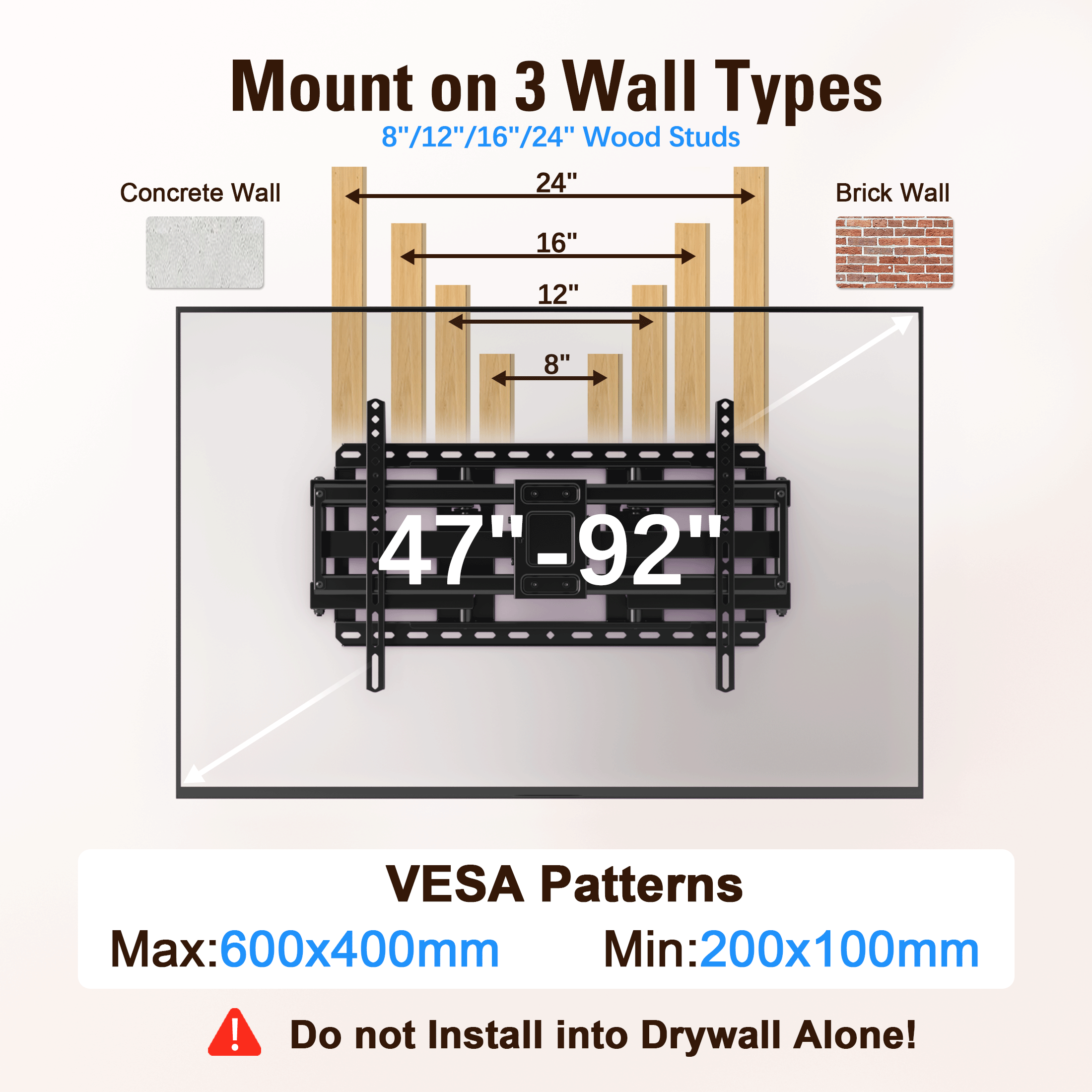 Fitmetal F27208 Full Motion TV Wall Mount for 47-92" TVs, Swivel Tilt Extension Leveling, up to 154 lbs Max VESA 600x400mm, Fits 16/18/24 inch Wood Stud