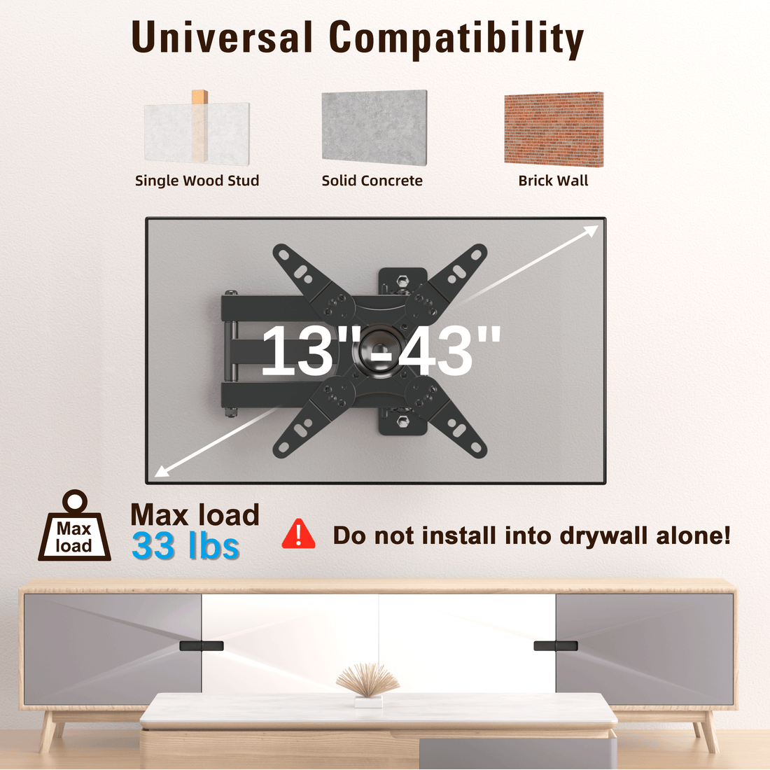 Fitmetal F21203 Full Motion TV Wall Mount for 13-43 Inch TVs & Monitors, Swivel Tilt Extension TV Mount Bracket with 360° Rotation, Articulating Arms, Max VESA 200x200mm, Supports Up to 33 lbs