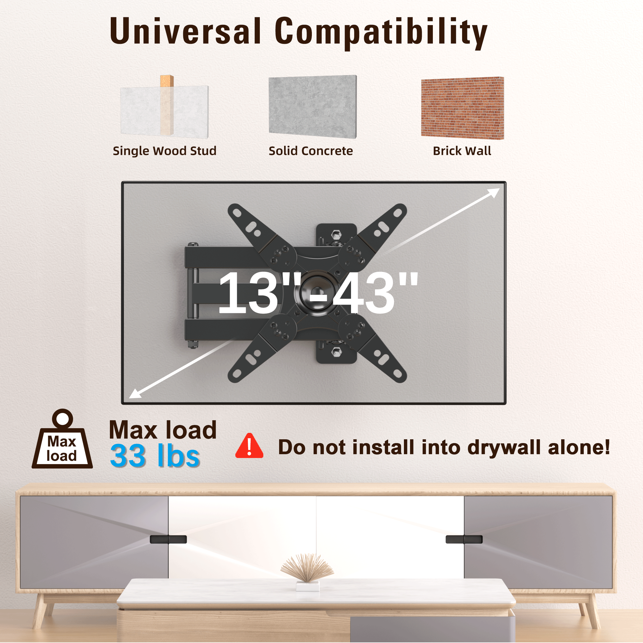 Fitmetal F21203 Full Motion TV Wall Mount for 13-43 Inch TVs & Monitors, Swivel Tilt Extension TV Mount Bracket with 360° Rotation, Articulating Arms, Max VESA 200x200mm, Supports Up to 33 lbs