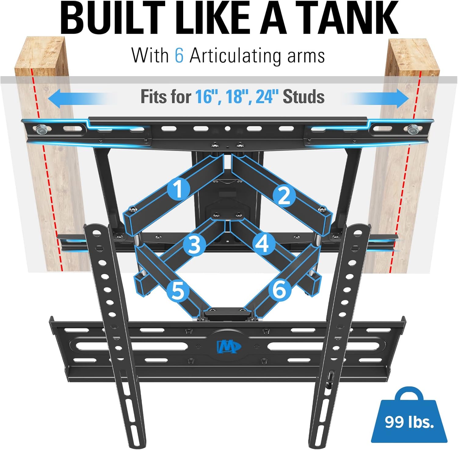 Mounting Dream TV Mount Full Motion TV Wall Mounts for 32-65 Inch Flat Screen TV, Wall Mount TV Bracket with Dual Arms, Max VESA 400x400mm and 99 LBS, Fits 16", 18", 24" Studs MD2380-24K-04 TV Mounts