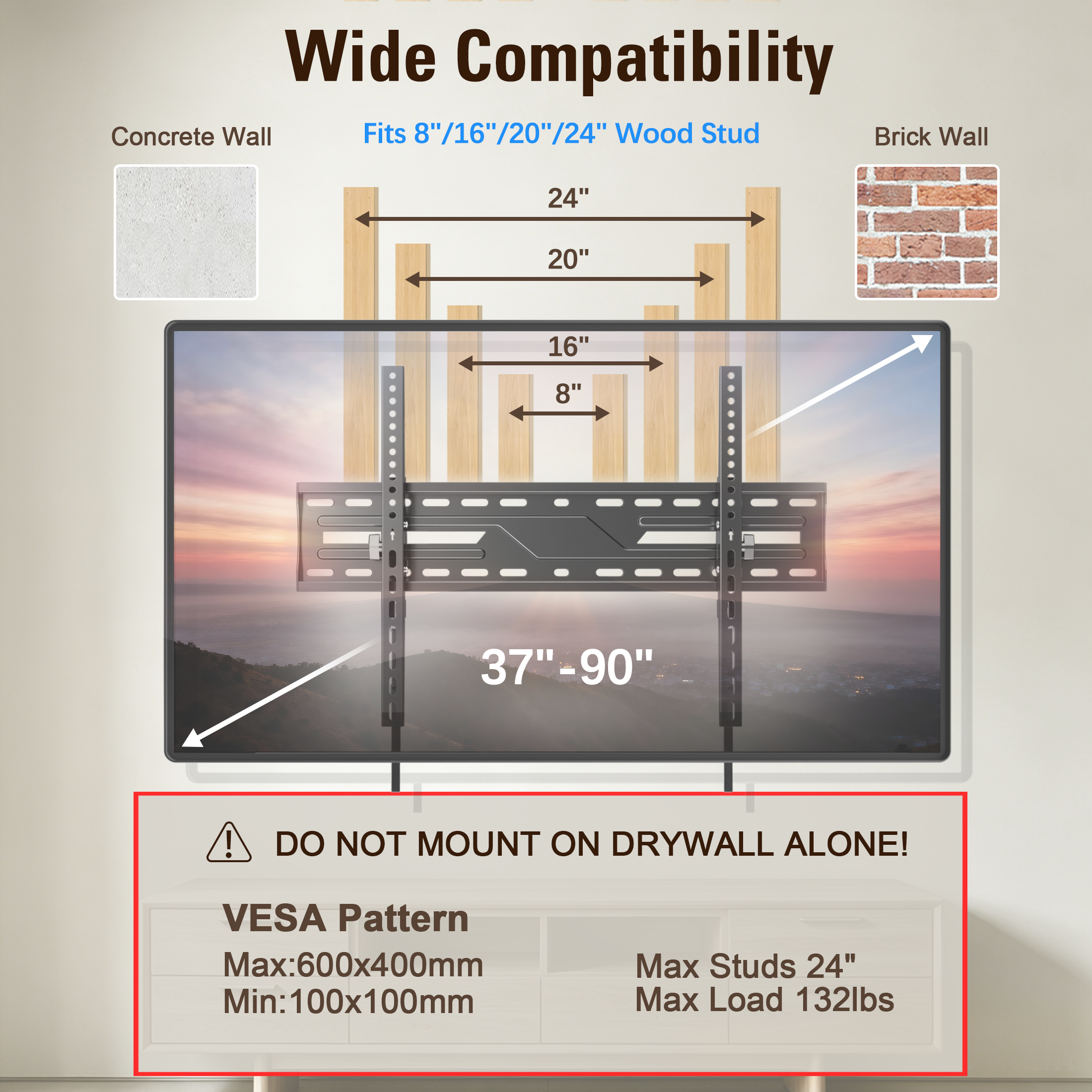 Fitmetal Large Tilt TV Wall Mount for 50" to 86" TVs, Holds up to 132 lbs，Max VESA 600x400mm F27206