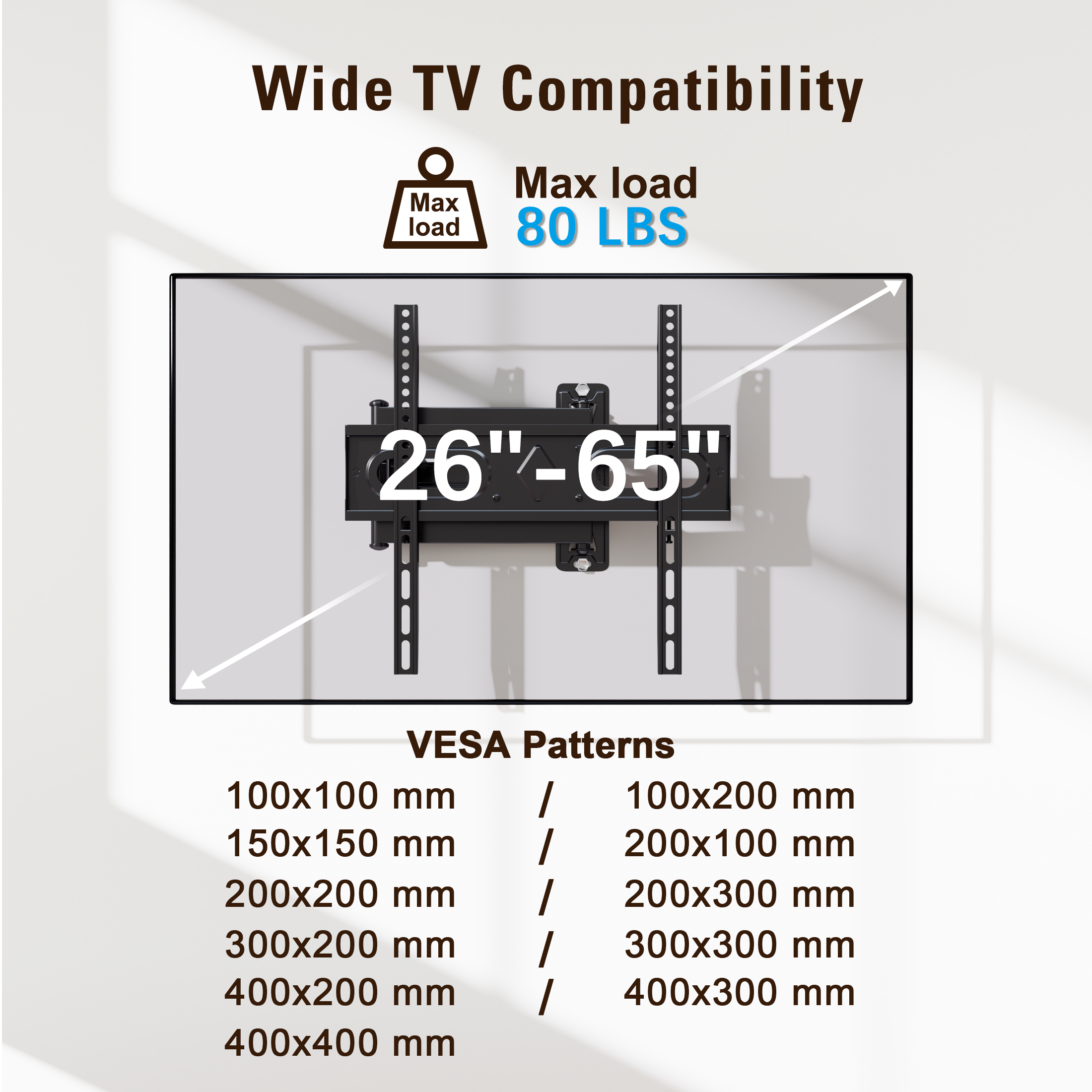 Fitmetal F24204 Full Motion TV Wall Mount for 26-65 Inch TVs, Single Stud Corner Mount Bracket with Swivel & Tilt, Holds up to 80 lbs, Max VESA 400x400mm