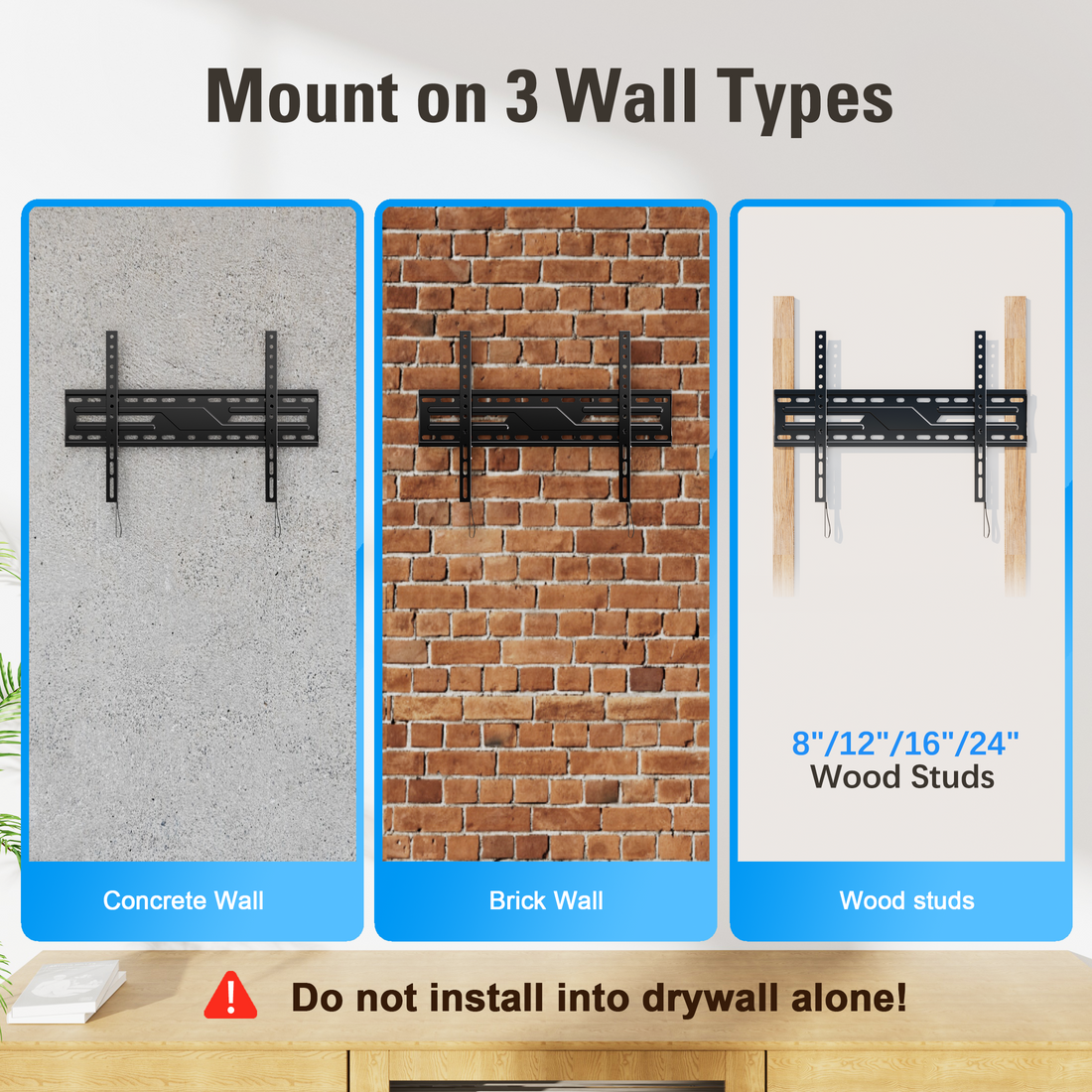 Fitmetal F27205 Fixed Low Profile TV Wall Mount for 37-82 inch TVs, Ultra Slim TV Mount Bracket,Holds up to 132 lbs,Max VESA 600x400mm,Fit 8",16",24" Wood Stud