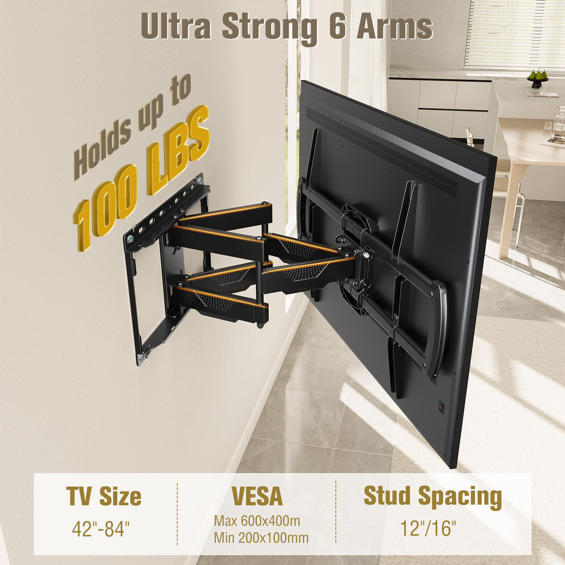 Mounting Dream TV Wall Mount UL Listed for 42-84 Inch Flat Screen TV Full Motion Mount Bracket Swivel Articulating Arms, Max VESA 600x400mm and 100 LBS, Fits 16” Stud, US-Based Customer Service