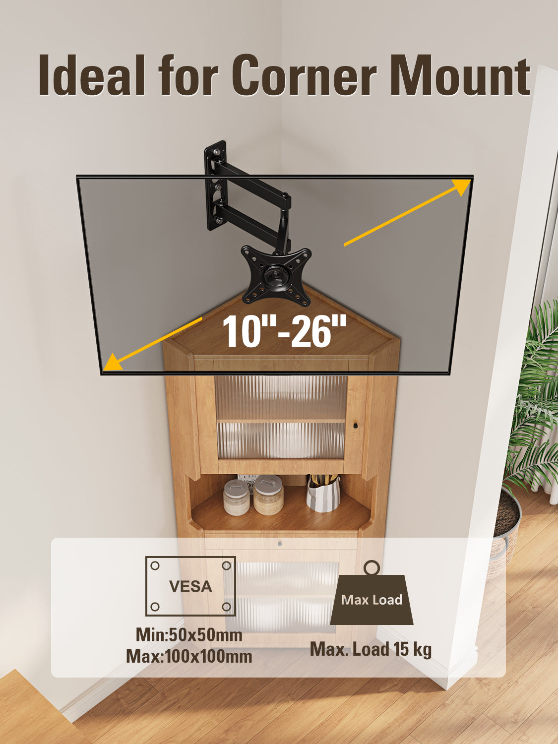 Mounting Dream Monitor Wall Mount fit 10-26" TV 15kg, VESA 50x50-100x100mm | VESA Wall Mount, TV Wall Bracket, Swivel Tilt Rotate, Full Motion Monitor Arm MD2463-02