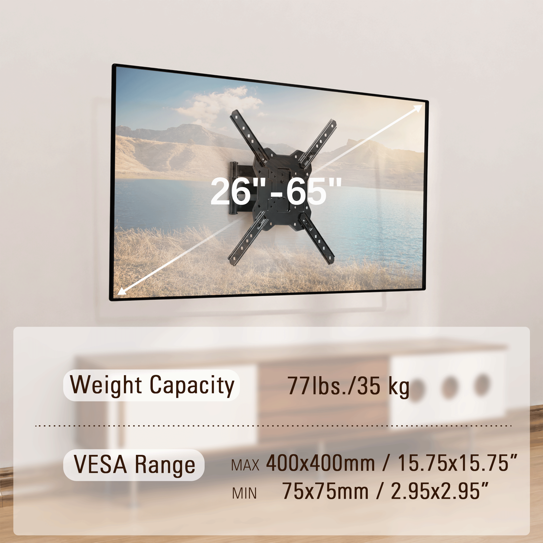 FitMetal Full Motion TV Wall Mount with Swivel Arm for 26-65 inch TVs, Max VESA 400x400mm，Holds up to 77 lbs F24202