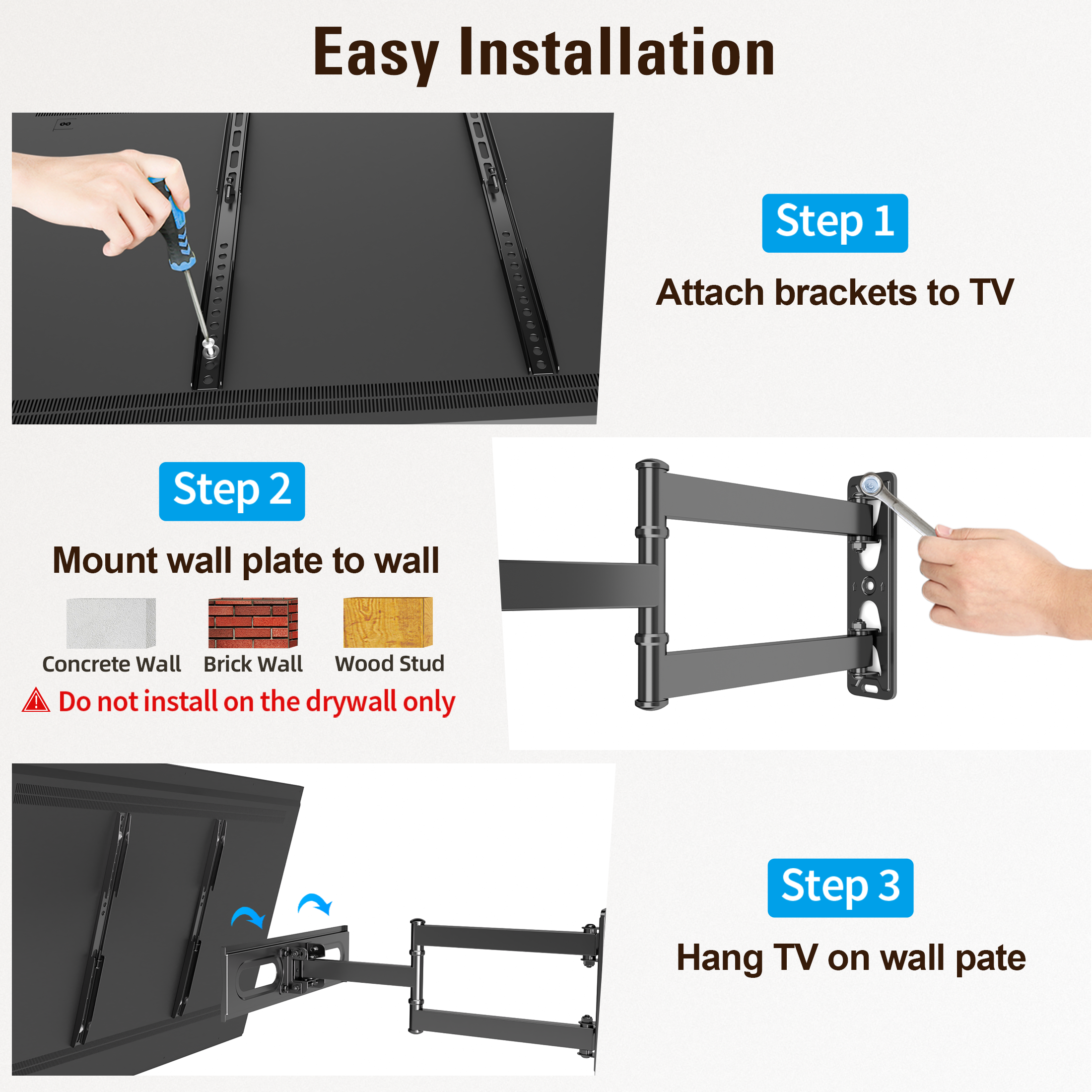 Fitmetal F24204 Full Motion TV Wall Mount for 26-65 Inch TVs, Single Stud Corner Mount Bracket with Swivel & Tilt, Holds up to 80 lbs, Max VESA 400x400mm