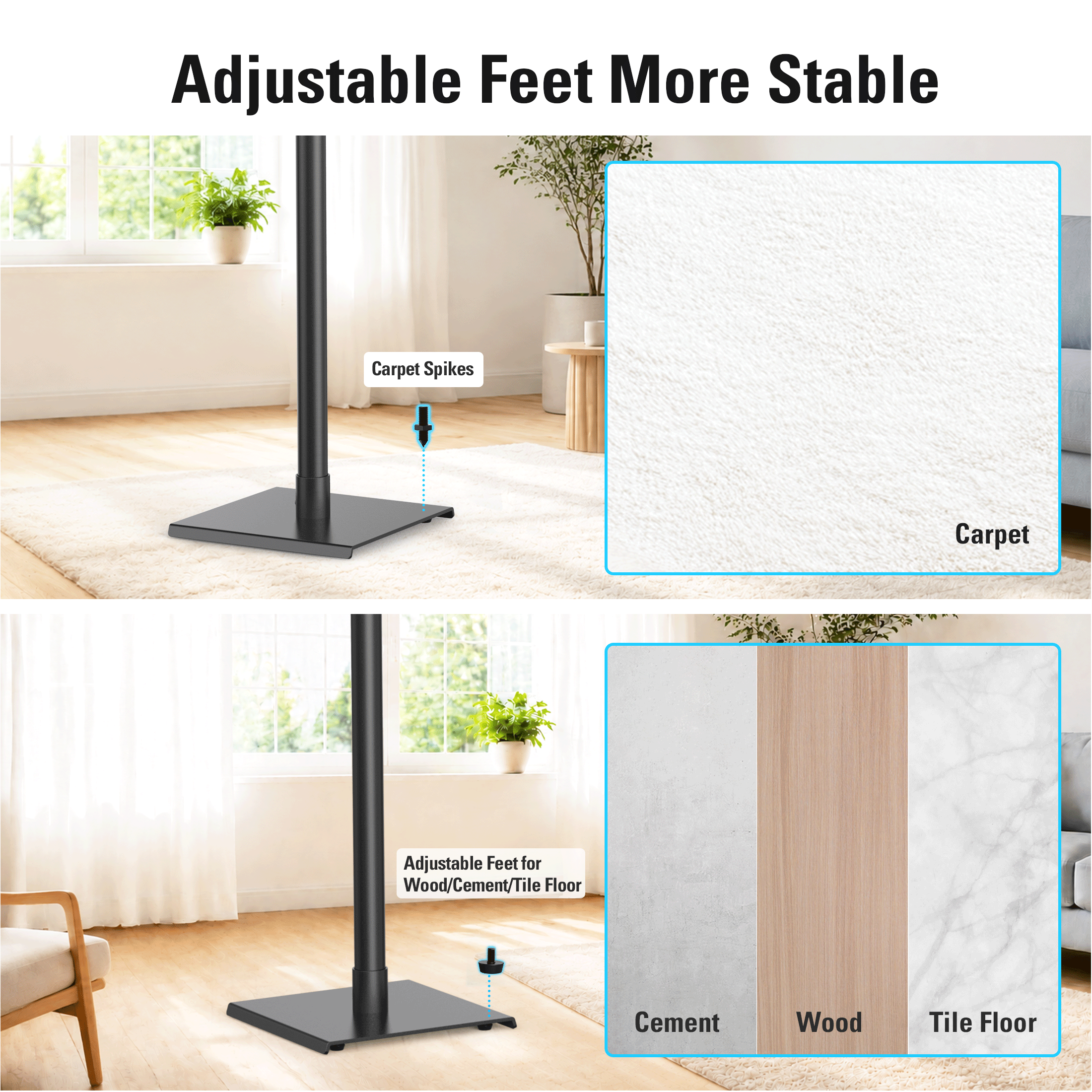 Mounting Dream Speaker Stand Floor Pair Height Adjustable 71-94cm Load 5kg for Surround Speaker Rear Speaker, with Internal Cable Management MD5401-03